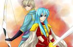  aqua_hair archer_(fire_emblem) armor back-to-back back_to_back blue_eyes blue_hair bow_(weapon) bracelet brown_eyes brown_hair cape couple eirika fire_emblem fire_emblem:_seima_no_kouseki fire_emblem_sacred_stones gloves happy innes jewelry long_hair looking_back lowres prince princess short_hair smile sword weapon 