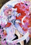  acrylic_paint_(medium) aoi_yuuka_(ao_no_kokoro) bug butterfly colored_pencil_(medium) ghost hat hitodama insect japanese_clothes kimono konpaku_youmu_(ghost) legs light_smile pink_eyes pink_hair saigyouji_yuyuko shawl solo touhou traditional_media triangular_headpiece watercolor_(medium) 