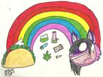  4:20 bong bowl canine coyote drugs hi_res joint leaf mammal marijuana neechee plain_background purple rainbow taco weed white_background white_eyes 