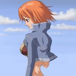  1girl blue_sky denim_jacket enies_lobby nami nami_(one_piece) one_piece orange_hair pirate profile short_hair sky 