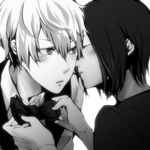  2boys adjusting_bowtie blush bow bowtie brothers durarara!! eyes_closed heiwajima_kasuka heiwajima_shizuo incipient_kiss male male_focus monochrome multiple_boys short_hair siblings waiter yaoi 