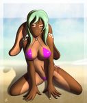  beach beachside bikini clothed clothing female kneeling lagomorph looking_at_viewer mammal pose possing rabbit red_eyes seaside skimpy solo swimsuit volkcreed 