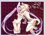  2girls animal_ears bad_id bad_pixiv_id boots bridal_gauntlets bunny_ears closed_eyes gradient_hair highres hug knee_boots multicolored_hair multiple_girls new_year pascal purple_background purple_hair red_hair satsuyu_ito scarf sophie_(tales) tales_of_(series) tales_of_graces twintails white_hair 