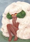  2010 barefoot big_hair blush dark_skin feet gen_5_pokemon green_hair long_hair multicolored_hair nude personification pokemon sanmi_tenten sitting solo tears very_long_hair whimsicott white_hair yellow_eyes 