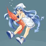  bad_id bad_pixiv_id blue_eyes blue_hair dress fukumaaya hat highres holding_breath ikamusume long_hair oversized_object shinryaku!_ikamusume shrimp solo tentacle_hair underwater 