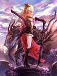  armor blonde_hair blue_eyes dragon flower gauntlets highres long_hair pixiv_fantasia pixiv_fantasia_5 pointy_ears solo suzuya_akinori sword tail thighhighs weapon white_legwear zettai_ryouiki 