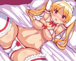  :&lt; armpits ass blonde_hair blush bow bow_panties breasts cameltoe elbow_gloves frilled_legwear frills front-tie_top gloves large_breasts lying navel nipples on_back original panties shichuu solo spread_legs string_panties thighhighs twintails underwear white_legwear 
