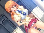  1girl aina_solgate brown_hair censored discreet_vibrator game_cg green_eyes no_panties open_mouth ozawa_akifumi pussy pussy_juice saliva school_uniform seifuku shikotama_slave skirt skirt_lift vibrator 