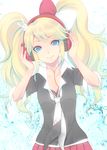  blonde_hair blue_eyes bow danganronpa danganronpa_1 enoshima_junko hair_bow hair_ornament headphones ikusaba_mukuro nail_polish necktie no_symbol ohlala smile solo twintails 