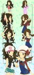  &gt;_&lt; adjusting_hair baseball_cap blue_eyes brown_eyes brown_hair brushing_teeth cabbie_hat closed_eyes combing denim denim_shorts hair_down hairdressing hat heart highres how_to kotone_(pokemon) messy_hair midriff multiple_girls one_eye_closed overalls pokemon pokemon_(game) pokemon_bw pokemon_hgss ponytail shorts suzumiyu tank_top thighhighs toothbrush touko_(pokemon) twintails vest 