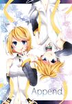  1girl :q absurdres arm_warmers bad_id bad_pixiv_id blonde_hair blue_eyes brother_and_sister detached_sleeves hair_ornament hair_ribbon hairclip headphones highres kagamine_len kagamine_len_(append) kagamine_rin kagamine_rin_(append) muni navel ribbon short_hair siblings smile tongue tongue_out twins vocaloid vocaloid_append 
