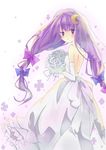  1girl :&lt; absurdres bare_shoulders bouquet bridal_veil bride crescent crescent_hair_ornament dress elbow_gloves flower gloves hair_ornament highres long_hair patchouli_knowledge purple_eyes purple_hair shion_(pixiv221709) solo symbol-shaped_pupils touhou veil wedding_dress 