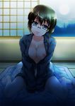  areolae barefoot blue_eyes breasts brown_hair cleavage glasses head_tilt large_breasts lips meroun moon naked_shirt night nipples ore_no_imouto_ga_konna_ni_kawaii_wake_ga_nai shirt short_hair sitting smile solo tamura_manami wariza 