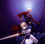  archer armor arrow blonde_hair bow bow_(weapon) excalibur fate/stay_night fate_(series) highres saber short_hair sword weapon white_hair 