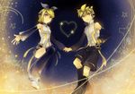  1girl aqua_eyes arm_warmers bad_id bad_pixiv_id blonde_hair brother_and_sister detached_sleeves hair_ornament hair_ribbon hairclip headphones highres holding_hands kagamine_len kagamine_len_(append) kagamine_rin kagamine_rin_(append) leg_warmers m102 navel popped_collar ribbon short_hair siblings smile twins vocaloid vocaloid_append 