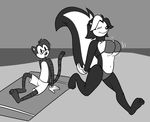  anthro beach bikini black_and_white bouncy bra breasts cat clothed clothing duo feline female greyscale lapinbeau male mammal monochrome seaside skimpy skunk swimsuit tight_clothing underwear 