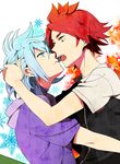  bad_id bad_pixiv_id blue_eyes hood hoodie inazuma_eleven inazuma_eleven_(series) male_focus multiple_boys nagumo_haruya open_mouth red_hair suzuno_fuusuke white_hair yaoi yellow_eyes yuzumame 