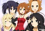  akiyama_mio alternate_hairstyle artist_name bare_shoulders black_hair blonde_hair brown_eyes brown_hair choker closed_eyes death_devil eyebrows facepaint hirasawa_yui k-on! kotobuki_tsumugi microphone multiple_girls nakano_azusa punk short_hair signature smile tainaka_ritsu thick_eyebrows twintails yamasaki_wataru 