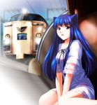 animal_ears bag blue_eyes blue_hair blush dress ground_vehicle long_hair original sitting solo train train_interior yamaguchi_yuu 