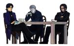  araya_souren book chair crossover cup earphones fate/stay_night fate_(series) kara_no_kyoukai kotomine_kirei melty_blood multiple_boys nakata_jouji nrvnqsr_chaos reading seiyuu_connection sitting table transparent_background tsukihime type-moon 