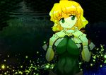  abs blonde_hair breasts dithering green_eyes highres hips large_breasts light_particles mizuhashi_parsee mono_(moiky) pointy_ears scarf short_hair solo touhou 