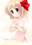  blonde_hair covering fa_no_hito hair_ribbon naked_towel nude nude_cover red_eyes ribbon rumia short_hair solo touhou towel 