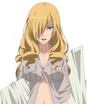  blonde_hair blue_eyes breasts cleavage drill_hair face hair_over_one_eye highres large_breasts long_hair navel no_bra oriana_thomason sleeves_rolled_up smile_(rz) solo to_aru_majutsu_no_index 