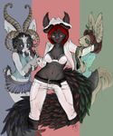  bra fangs female fluffy_ears glasses horns hybrid insect lesbian open_shirt pimp skirt smokeforears trio unknown_species 