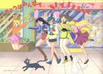  &gt;_&lt; 5girls ^_^ aino_minako artemis_(sailor_moon) bishoujo_senshi_sailor_moon boots eyes_closed friends gift happy hino_rei jump jumping kazu. kino_makoto knee_boots luna_(sailor_moon) mall mizuno_ami multiple_girls official_art open_mouth present shopping sidewalk tsukino_usagi window 