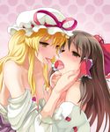  blonde_hair blue_eyes breasts brown_eyes brown_hair chin_grab cleavage convenient_arm detached_sleeves french_kiss hair_tubes hakurei_reimu hands_on_another's_face hat highres kiss large_breasts long_hair multiple_girls open_mouth saliva tears tongue topless touhou yakumo_yukari yellow_eyes yuri yuugiri 