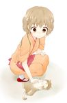  belly_rub brown_eyes brown_hair cat cherry_blossoms flower full_body hair_flower hair_ornament hanasaku_iroha japanese_clothes kimono kissuisou_uniform lying matsumae_ohana nagian nakai_(waitress) sandals short_hair smile socks solo squatting 