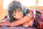  black_hair breasts cleavage head_rest light long_hair lying medium_breasts on_stomach original osamu solo under_covers 