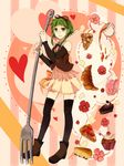  bow cake croissant cup detached_sleeves food fork green_eyes green_hair gumi hair_bow heart highres oversized_object pastry short_hair skirt smile solo tea thighhighs tomoyami vocaloid zettai_ryouiki 