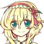  alice_margatroid blonde_hair closed_mouth face flower green_eyes hair_flower hair_ornament hairband happy light_smile lowres portrait rl short_hair smile solo touhou 