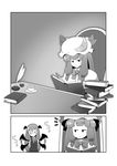  bat_wings bespectacled blush book bow braid chair comic crescent desk flapping formal frown glasses greyscale hat head_wings inkwell koakuma long_hair monochrome multiple_girls necktie okuno_fuji patchouli_knowledge quill reading smile suit tea touhou wings 