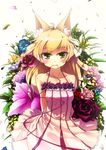  animal_ears arms_behind_back blonde_hair fang flower fox_ears glycyrrhizae green_eyes highres hydrangea lily_(flower) long_hair mouth_hold original purple_flower purple_rose red_flower red_rose rose solo white_flower white_rose 