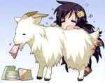  =_= artist_request black_hair book chibi copyright_request eating flower goat hair_flower hair_ornament long_hair open_mouth shaking_head solo teardrop 