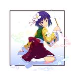  bad_id bad_pixiv_id blue_eyes blue_hair brush flower hair_flower hair_ornament hieda_no_akyuu highres japanese_clothes kimono sitting smile solo touhou tsuttsu wariza 