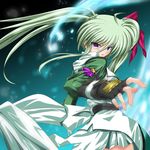  einhart_stratos fingerless_gloves gloves green_hair heterochromia long_hair looking_back lyrical_nanoha mahou_shoujo_lyrical_nanoha_vivid older ponytail shinooka_itsuya solo 