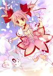  bad_id bad_pixiv_id bow bubble_skirt choker cloud feathers floating_hair gloves hair_bow highres jumping kaname_madoka kneehighs kyubey magical_girl mahou_shoujo_madoka_magica mitsuhashitaeko open_mouth pink_eyes pink_hair puffy_sleeves red_choker short_twintails skirt sky smile twintails white_gloves white_legwear 