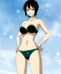  black_eyes black_hair bra breasts day fairy_tail lingerie lowres medium_breasts navel panties sky snow solo tree underwear ur 