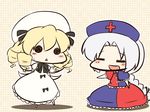  :&lt; =_= blonde_hair blush braid drill_hair fuugetsu_oreha_ikiru hat luna_child multiple_girls nurse_cap o_o open_mouth silver_hair solid_circle_eyes touhou triangle_mouth wings yagokoro_eirin 