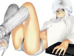  ass bad_id bad_pixiv_id blue_eyes copyright_request dvd_player fur_hat hat high_heels leg_warmers legs lying midriff navel shiromi_(ringo) shoes short_shorts shorts simple_background solo white white_background white_hair 
