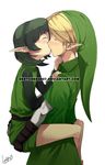  1girl artist_name ass ass_grab belt blonde_hair bob_cut closed_eyes couple dated faustsketcher green_hair hairband hat height_difference hetero kiss leg_lock link pointy_ears saria short_hair standing the_legend_of_zelda the_legend_of_zelda:_ocarina_of_time tunic watermark web_address 