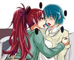  french_kiss kiss mahou_shoujo_madoka_magica miki_sayaka multiple_girls nomiya37564 ponytail sakura_kyouko saliva saliva_trail yuri 