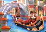  1girl absurdres bare_shoulders blonde_hair blue_eyes boat breasts bridge building canal cleavage day dress flower gondola gown highres italy jewelry mask masquerade medium_breasts nardack necklace oar original outdoors pearl plant red_flower red_rose rose smile venice water watercraft 