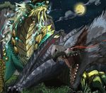  claws cloud dragon electricity fang fur horns kai_(gunbollgx) monster monster_hunter monster_hunter_portable_3rd moon nargacuga night no_humans open_mouth red_eyes sky wyvern zinogre 