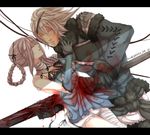  1girl bandages belt blood blue_eyes bow braid breasts bulge elbow_gloves flower frills gloves hair_ornament kaine_(nier) lingerie negligee nier nier_(series) nier_(young) panties red_eyes ribbon short_hair silver_hair small_breasts spoilers sword tears underwear weapon white_hair white_panties 