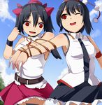  @_@ bare_shoulders belt black_hair blood blood_brothers blush crazy_eyes hat hata-tan himekaidou_hatate long_hair multiple_girls necktie open_mouth red_eyes shameimaru_aya short_hair skirt smile tears thighhighs tokin_hat touhou twintails tying umakatsuhai yandere 