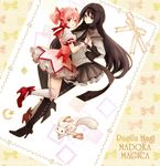  akemi_homura bad_id bad_pixiv_id black_hair black_hairband blue_eyes blush boots bubble_skirt copyright_name dutch_angle hairband high_heels holding_hands kaname_madoka kyubey long_hair magical_girl mahou_shoujo_madoka_magica multiple_girls pantyhose pink_eyes pink_hair shoes short_hair short_twintails skirt takahashi_(te6-6ba) tears twintails yuri 